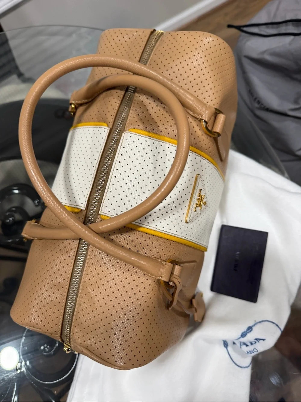 Prada Beige and White Perforated Leather Satchel with Yellow Trim